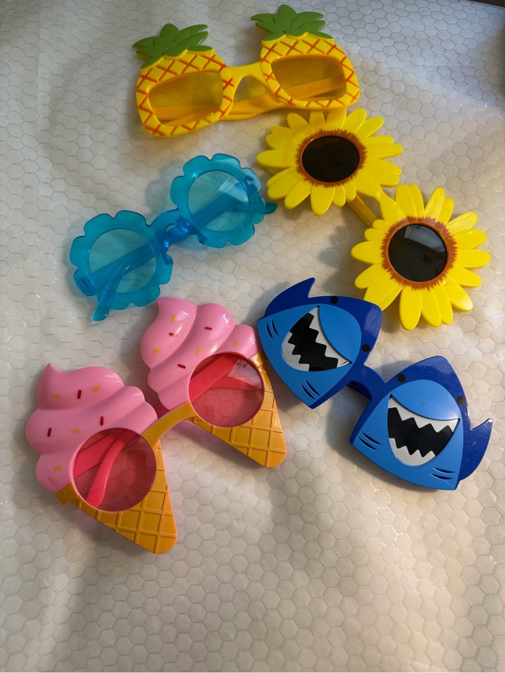 Fun Novelty Sunglasses Set - Pineapple, Sunflower, Ice Cream, Shark & Retro Blue